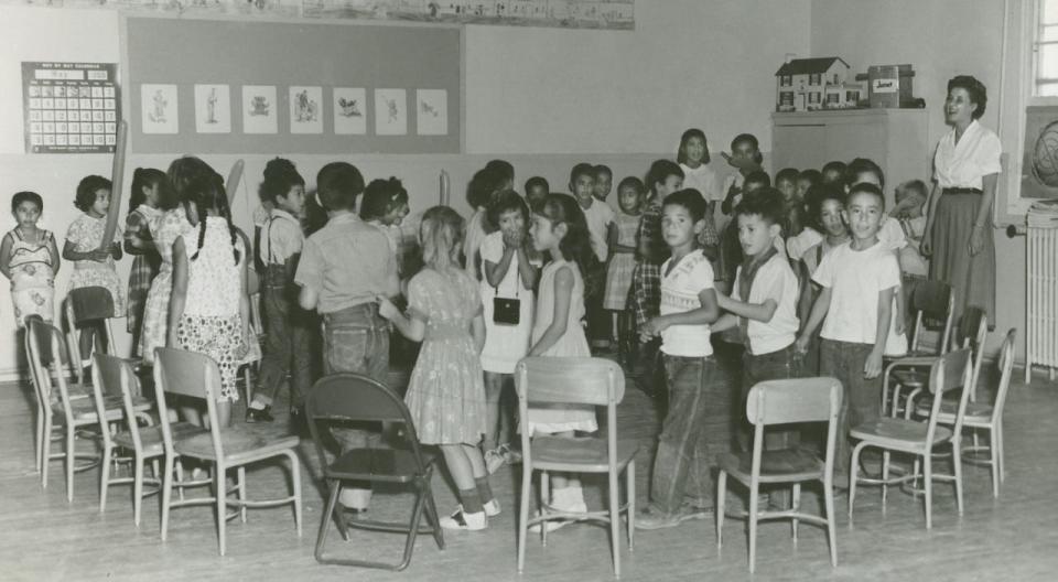 Students at the Blackwell School play a game in Mrs. Mildred Shannon's class in 1959.