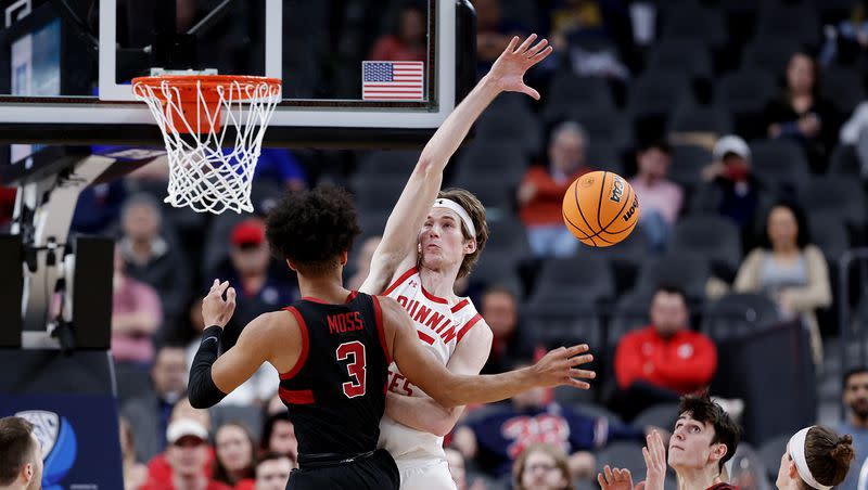 Utah center Branden Carlson defends as Utah and Stanford play in Pac-12 Tournament action at T-Mobile Arena in Las Vegas on Wednesday, March 8, 2023. The Utah big man recently announced he is returning to the Utes next season.