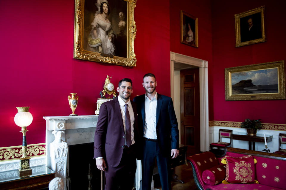 WASHINGTON, DC - MAY 9: Nathan Eovaldi #17 and Chris Sale #41 of the Boston Red Sox pose as they take a tour during a visit to the White House in recognition of the 2018 World Series championship on May 9, 2019 in Washington, DC. (Photo by Billie Weiss/Boston Red Sox/Getty Images)