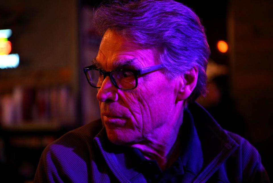 Former Gov. Rick Perry attends a Get Out the Vote Rally in support of Texas House Speaker Dade Phelan on Thursday, February 29, 2024, in Vidor, Texas. Deep fissures within the Republican Party have placed Phelan as the No. 1 enemy of Texas’ far-right conservatives.