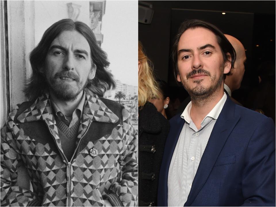 George half smiling with flowing brown hair and facial hair and Dhani half smiling with flowing brown hair and facial hair.