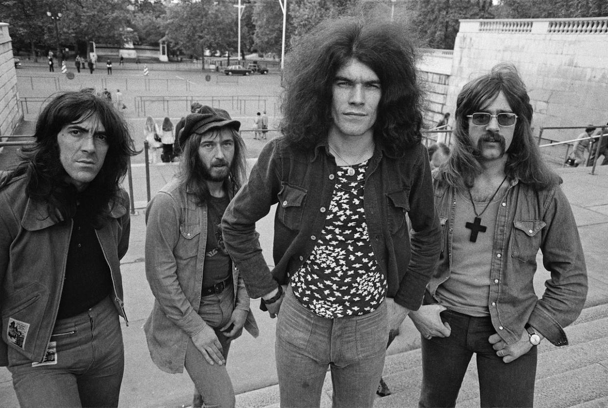  LONDON - 7th JUNE: Scottish rock band Nazareth posed by The Mall in London on 7th June 1972. Left to right: guitarist Manny Charlton, bassist Pete Agnew, vocalist Dan McCafferty and drummer Darrell Sweet. 