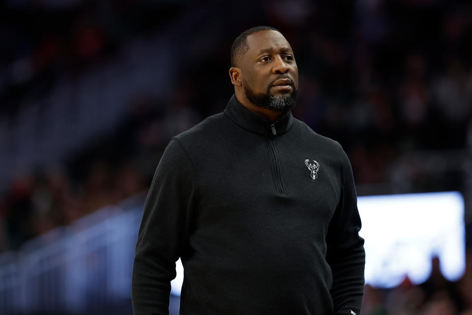 MILWAUKEE, WISCONSIN - DECEMBER 17: Head coach Adrian Griffin of the Milwaukee Bucks looks on during the first half of the game against the Houston Rockets at Fiserv Forum on December 17, 2023 in Milwaukee, Wisconsin. NOTE TO USER: User expressly acknowledges and agrees that, by downloading and or using this photograph, User is consenting to the terms and conditions of the Getty Images License Agreement. (Photo by John Fisher/Getty Images)