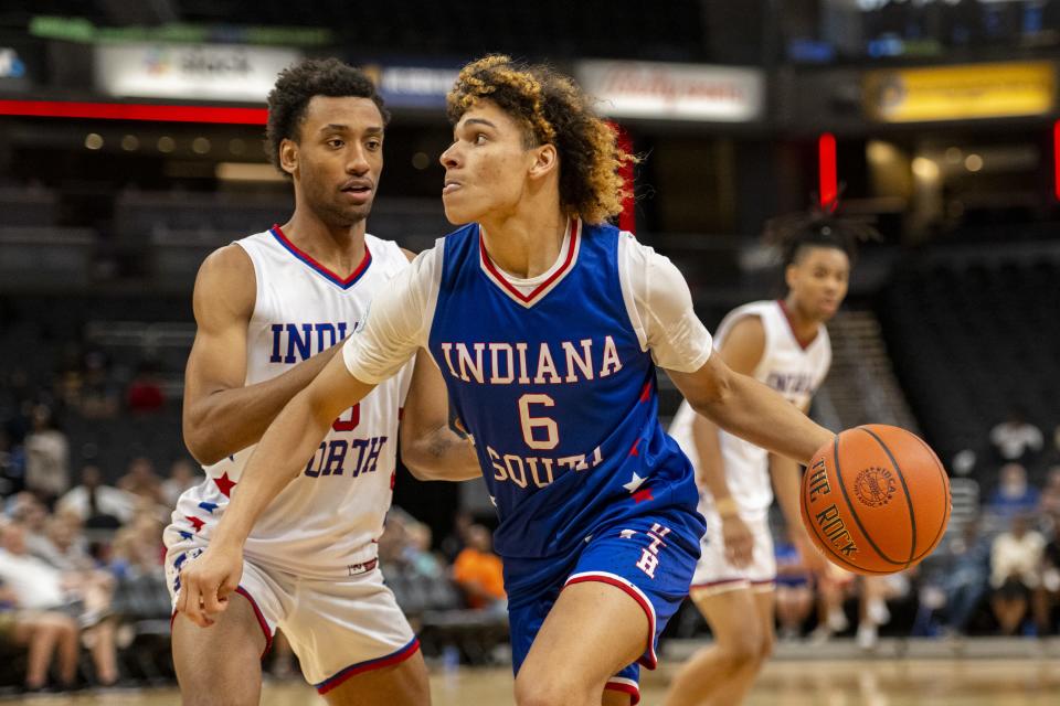 South Future All-Star Micah Davis (6), a junior from Franklin High School, drives toward the basket during the second half of an boysâ€™ Indiana High School Future All-Stars basketball game, Saturday, June 10, 2023, at Gainbridge Fieldhouse, in Indianapolis.