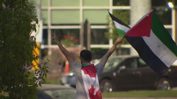 A lone protester expresses support for Palestinians.