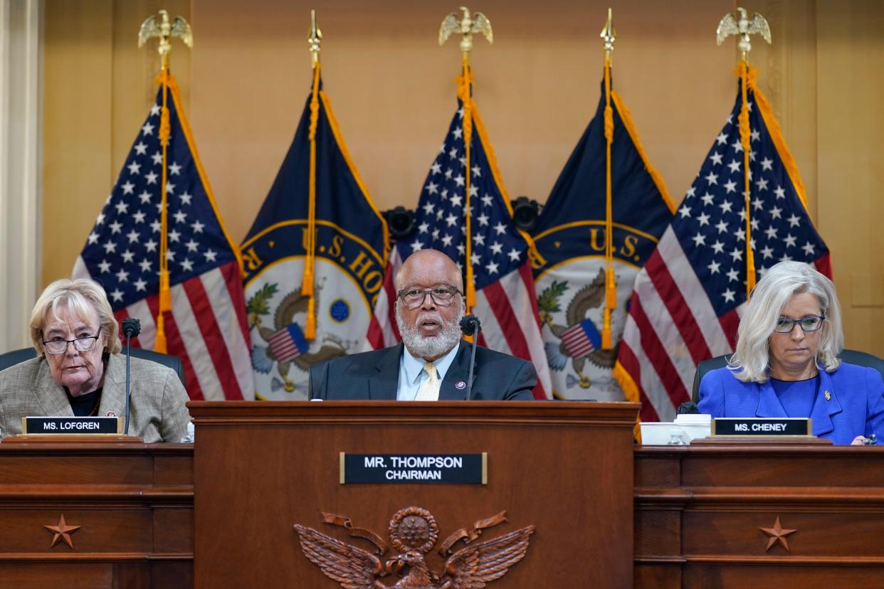 Chairman Bennie Thompson, D-Miss., center, speaks as the House select committee investigating the Jan. 6 attack on the U.S. Capitol holds its first public hearing to reveal the findings of a year-long investigation, on Capitol Hill, Thursday, June 9, 2022, in Washington. Rep. Zoe Lofgren, D-Calif., left, and Vice Chair Liz Cheney, R-Wyo., listen.