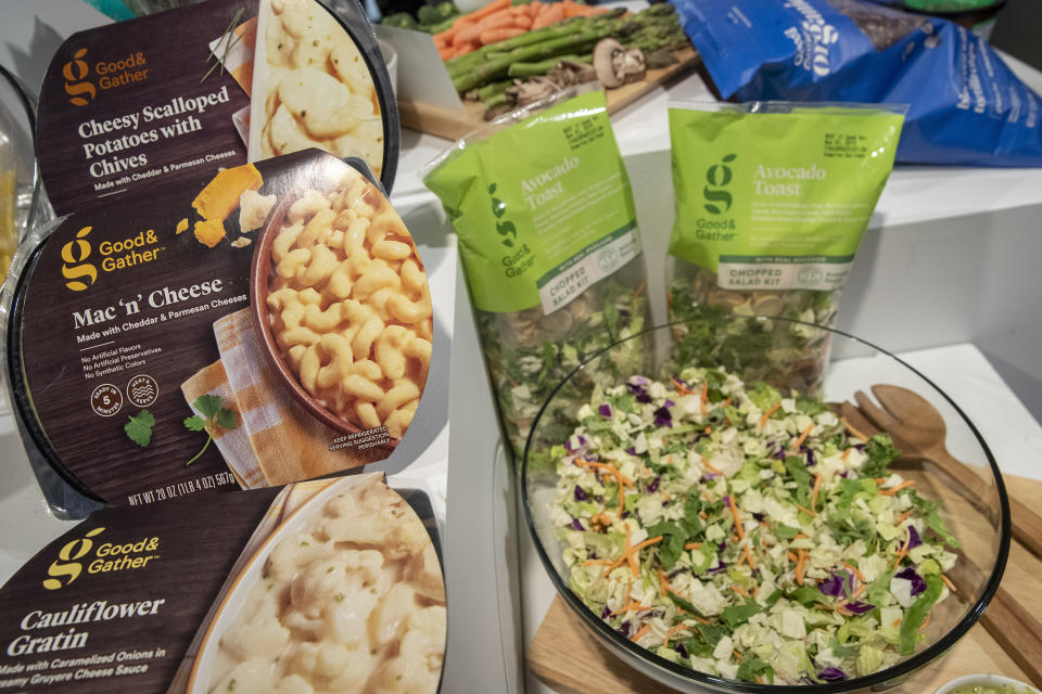 This Wednesday, Oct. 23, 2019, photo shows Goods & Gather food items on display during a Target Holiday Outlook event in New York. (AP Photo/Mary Altaffer)