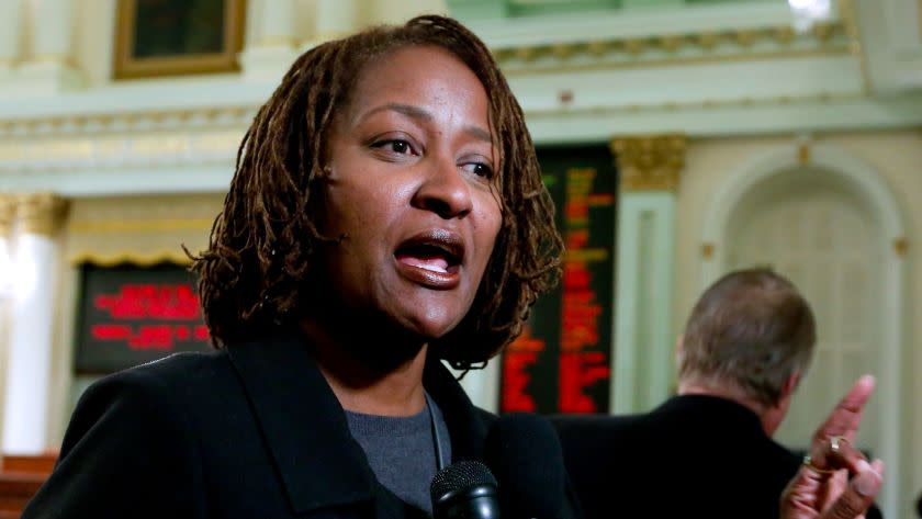 State Sen. Holly Mitchell (D-Los Angeles) answer questions from the media after Gov. Jerry Brown, delivered his 2017 State of the State speech.