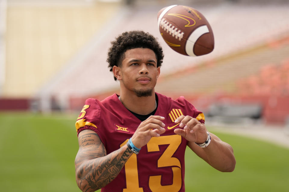 Iowa State wide receiver Jaylin Noel (13) catches the ball during an NCAA college football media day, Friday, Aug. 4, 2023, in Ames, Iowa. (AP Photo/Charlie Neibergall)