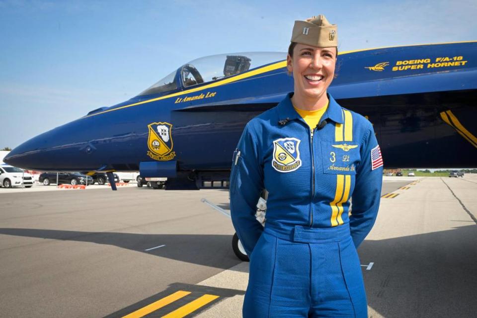 Lt. Amanda Lee is the first female pilot for the U.S. Navy’s elite Blue Angels flight demonstration squadron. Lee arrived with the squadron on Thursday, Aug. 17, 2023, at the New Century AirCenter in Gardner, Kansas, for the Garmin KC Air Show.