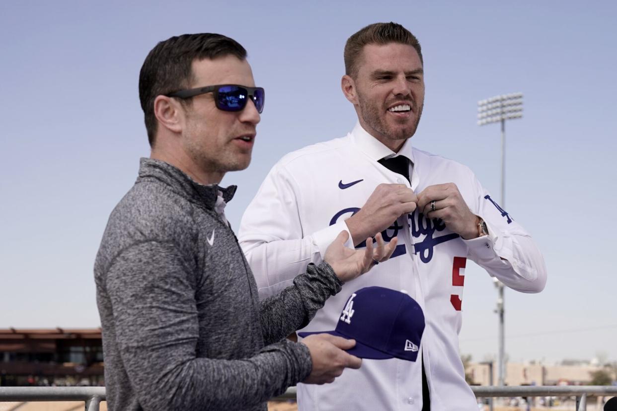Dodgers president of baseball operations Andrew Friedman announces the arrival of Freddie Freeman on March 18 in Phoenix.