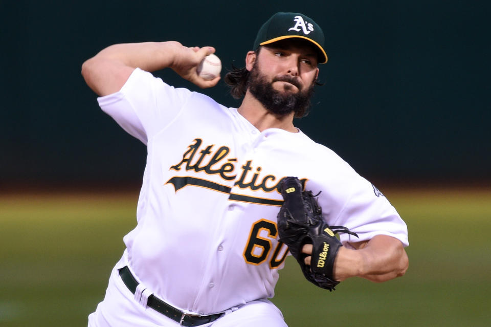 OAKLAND, CA - SEPTEMBER 16: Oakland Athletics pitcher Tanner Roark (60) delivers during the Major League Baseball game between the Kansas City Royals and the Oakland Athletics at RingCentral Coliseum on September 16, 2019 in Oakland, CA. (Photo by Cody Glenn/Icon Sportswire via Getty Images)
