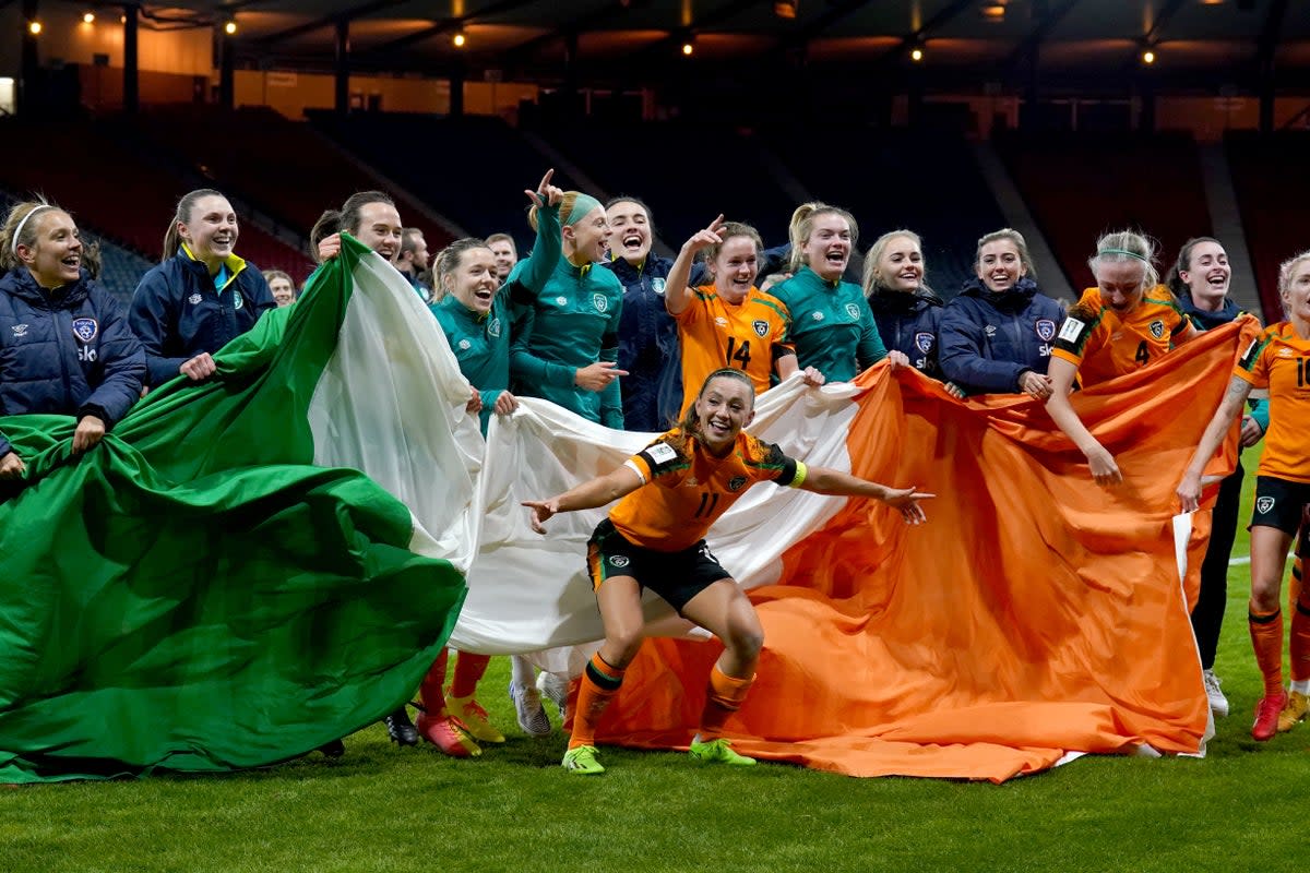 Republic of Ireland players celebrate their World Cup play-off success over Scotland (Andrew Milligan/PA) (PA Wire)