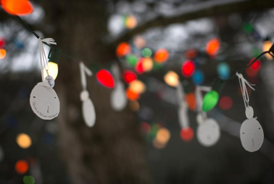 A sand dollar bearing the name of Sandy Hook Elementary School shooting victim Jack Pinto hangs from a tree as part of a memorial in the Sandy Hook section of Newtown, Connecticut December 14, 2013. Today marks the one year anniversary of the shooting rampage at Sandy Hook Elementary School, where 20 children and six adults were killed by gunman Adam Lanza. REUTERS/Carlo Allegri (UNITED STATES - Tags: CRIME LAW)