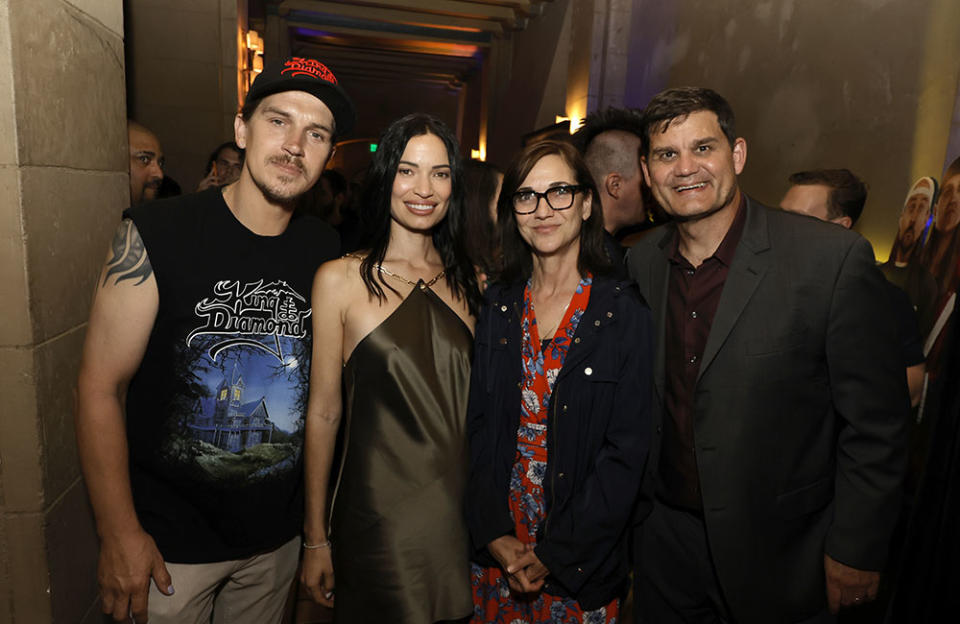 (L-R) Jason Mewes, Jordan Monsanto, Eda Kowan and Jason Constantine pose at the after party for the premiere of Lionsgate's "Clerks lll" at the Roosevelt Hotel on August 24, 2022 in Hollywood, California.
