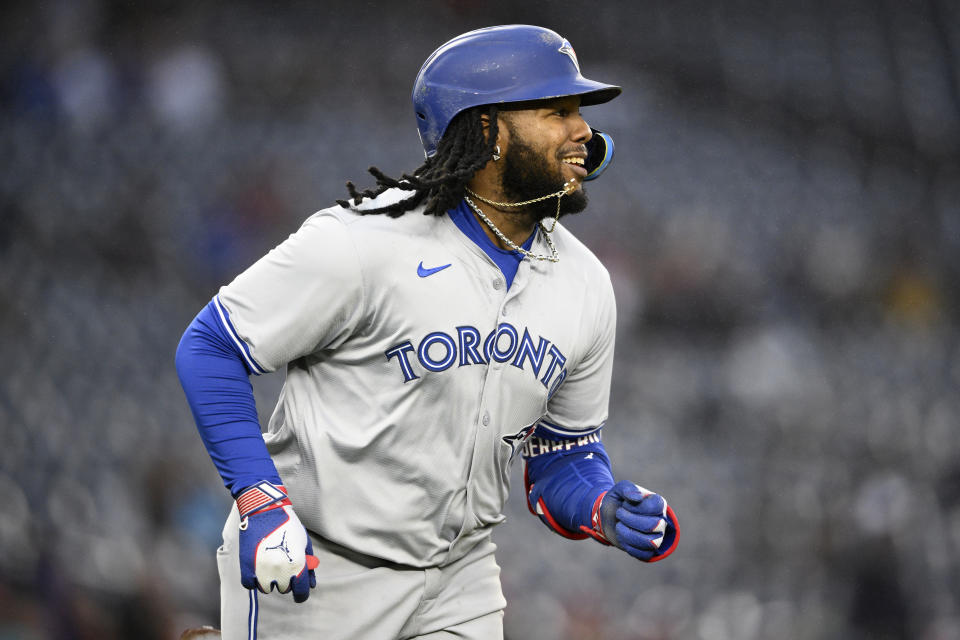 Toronto Blue Jays' Vladimir Guerrero Jr. reacts as he flew out during the ninth inning of a baseball game, Saturday, May 4, 2024, in Washington. (AP Photo/Nick Wass)