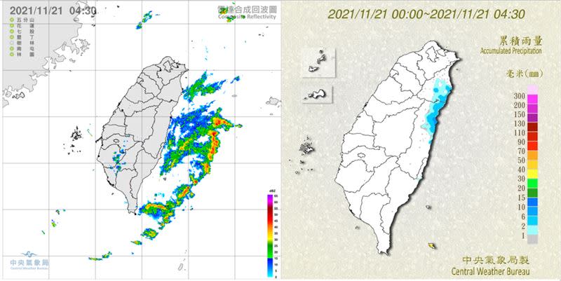 圖：今(21日) 4：30雷達回波合成圖顯示，東部海面上有降水回波(左圖)；東半部有降雨，宜蘭、花蓮較明顯，台東很零星(右圖)。