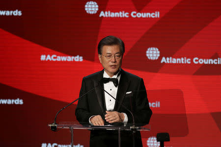 South Korea's President Moon Jae-in receives the Global Citizen Award at an Atlantic Council event in New York, U.S. September 19, 2017. REUTERS/Stephen Yang