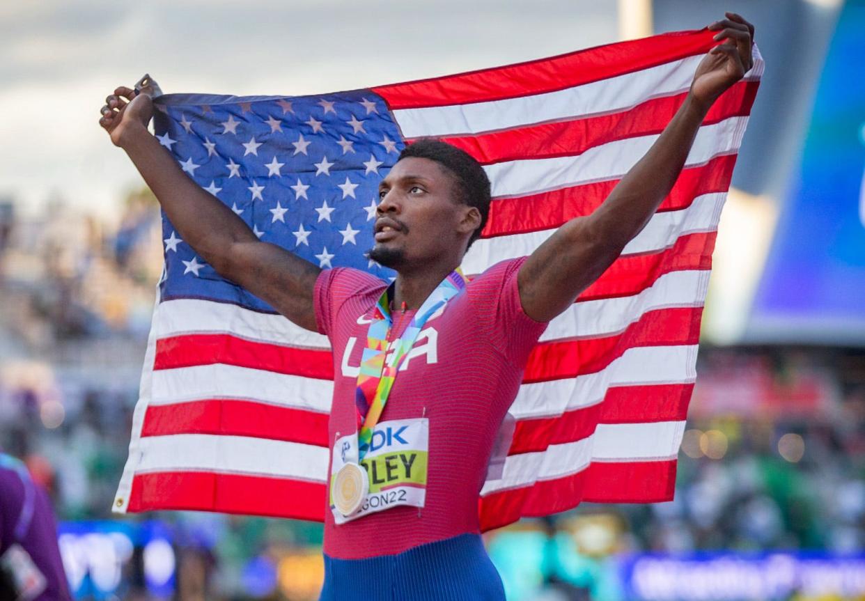 Former South Plains College star Fred Kerley celebrates winning the 100 meters in the World Championships on Saturday at Hayward Field in Eugene, Oregon. Kerley was the Olympics silver medalist in the same event last year.