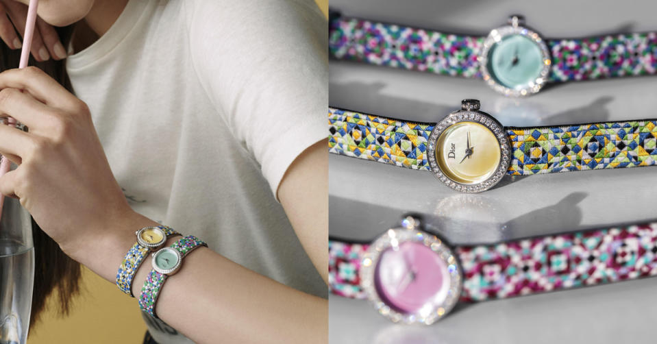 入職滿21年的珠寶腕錶創意總監Victoire de Castellane將品牌設計DNA–藤格紋（Cannage）以繽紛色彩的馬賽克編織呈現，致敬迪奧精神。