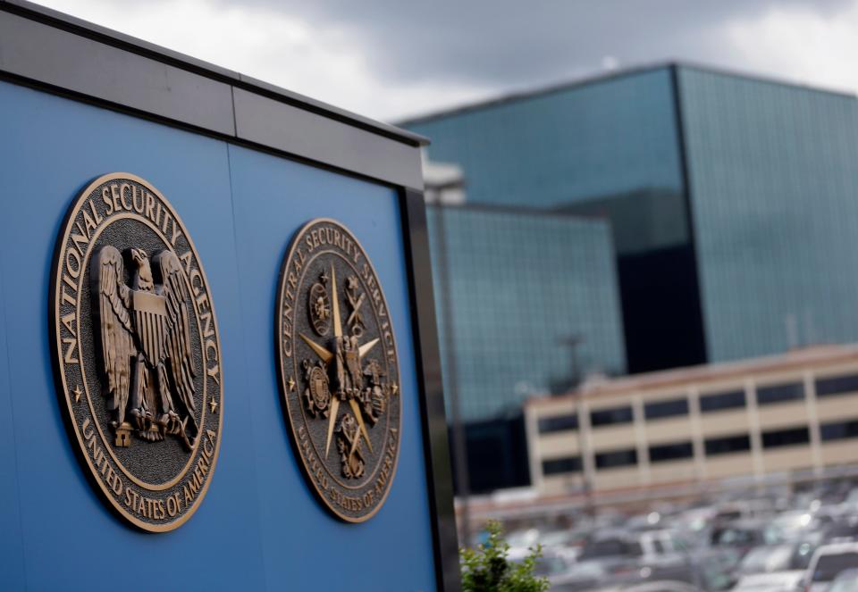 This file photo shows a sign outside the National Security Administration campus in Fort Meade, Md. Spying by the National Security Agency has cost the United States economically and angered allies, a bipartisan group of senators said in unveiling legislation that would end the collection of millions of Americans' phone records and data on Internet usage.