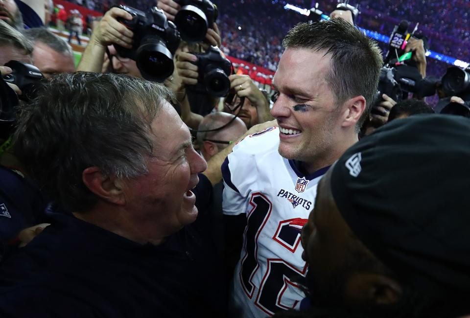 HOUSTON, TX - FEBRUARY 05:  Tom Brady #12 and head coach Bill Belichick of the New England Patriots celebrate a 34-28 overtime win against the Atlanta Falcons during Super Bowl 51 at NRG Stadium on February 5, 2017 in Houston, Texas.  (Photo by Al Bello/Getty Images)