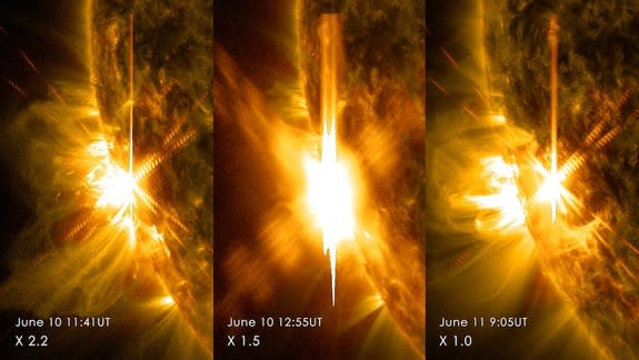 Three X-class solar flares erupted from the left side of the sun between June 10-11, 2014.