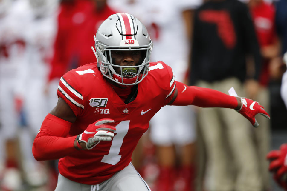 FILE - This is an Aug. 31, 2019, file photo showing Ohio State defensive back Jeff Okudah playing against Florida Atlantic in an NCAA college football game in Columbus, Ohio. Okudah is a possible pick at the NFL Draft which runs Thursday, April 23, 2020, thru Saturday, April 25. (AP Photo/Jay LaPrete, File)