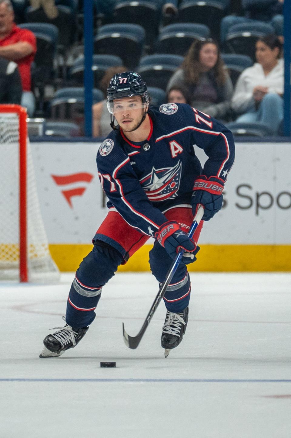 Oct. 5, 2023; Columbus, Ohio, United States;
Columbus Blue Jackets defenseman Nick Blankenburg (77) rushes the puck down the rink during their game against the Washington Capitals on Thursday, Oct. 5, 2023 at Nationwide Arena.