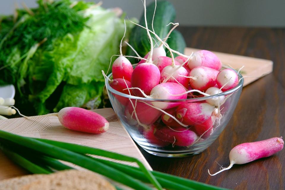 radish and green onions on a plate next to the green salad vegetables from the home garden natural organic agricultural products from the farm vegetarian, vegan and raw food food and diet harvesting home life