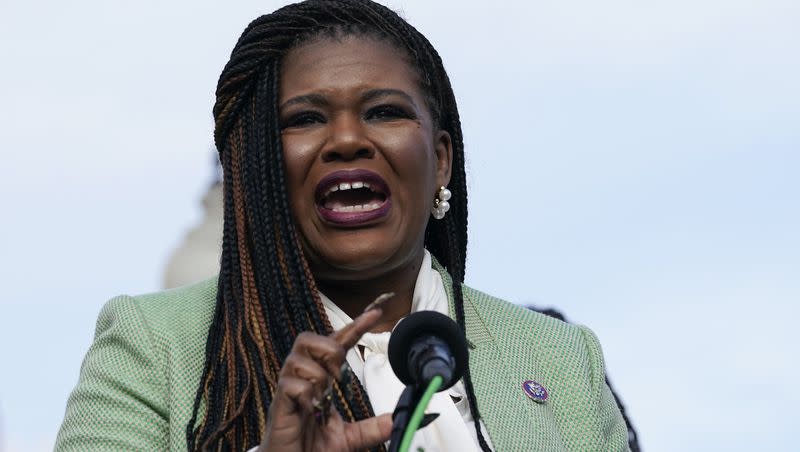 Rep. Cori Bush, D-Mo., speaks during a news conference on Dec. 8, 2022, on Capitol Hill in Washington. Bush introduced a resolution that seeks to provide $14 trillion in reparations to Black Americans.
