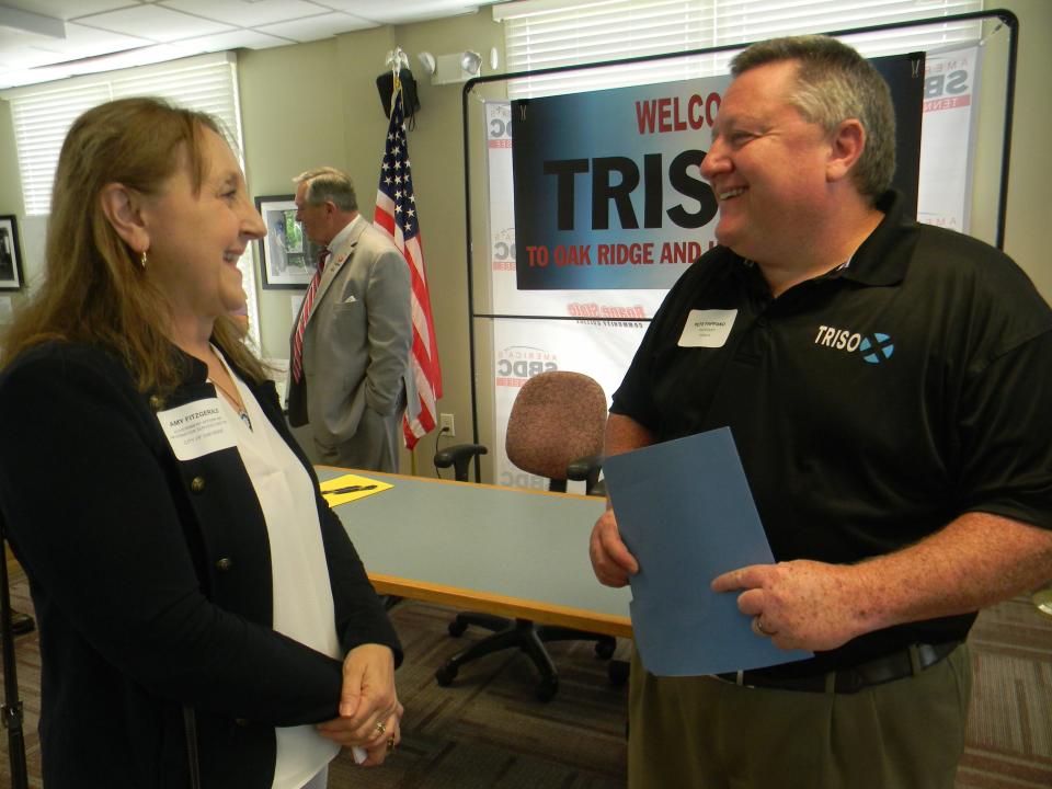 Amy Fitzgerald, government affairs and information services director for the city of Oak Ridge speaks to Peter Pappano, president of TRISO-X.