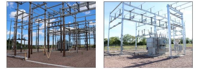 The report says Maritime Electric is starting to use different materials to make its substations more durable in extreme weather. At left is a substation with traditional wooden uprights have fibreglass crossarms, which last much longer than horizontal wooden beams. At right is a substation built with structural steel members and concrete footings.