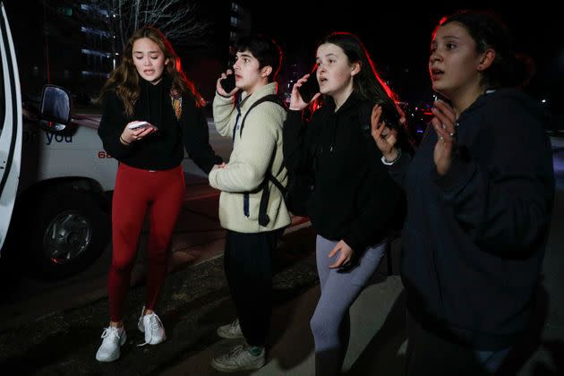 Michigan State University students react during an active shooter situation on campus on Feb. 13, 2023, in East Lansing, Michigan. 