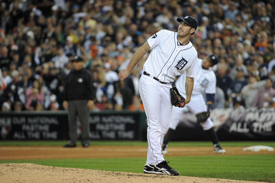 DETROIT, MI - OCTOBER 13: Justin Verlander #35 of the Detroit Tigers watches a two-run home run by Nelson Cruz #17 of the Texas Rangers in the eighth inning of Game Five of the American League Championship Series at Comerica Park on October 13, 2011 in Detroit, Michigan. (Photo by Harry How/Getty Images)