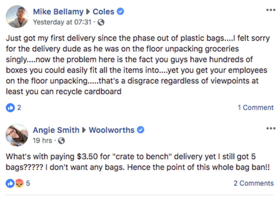 Coles and Woolworths online customers are disappointed by the bagless delivery option at both stores. Source: Facebook