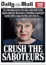 <p>If the Daily Telegraph’s front page on Brexit ‘mutineers’ was controversial, it was nothing compared to the Daily Mail’s controverisal “Crush the Saboteurs” front page back in April.<br>The page was seen by many as being nefarious, especially with the headline “Crush the Saboteurs” implying “Remoaners” had betrayed the country.<br>The headline itself paraphrased a quote by the founder of the Soviet Union, Vladimir Lenin.<br>Even the Prime Minister herself disagreed with the tone it set.<br>Other figures who criticised the page included John Prescott, numerous MPs including Labour MP Stella Creasy, and a constant foe of the Mail, Gary Lineker. </p>