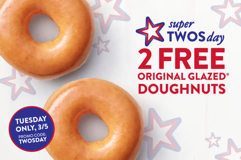 Americans who elect to visit any Krispy Kreme shop throughout the United States on March 5 – Super TWOsday – can receive two free Original Glazed® doughnuts, no purchase necessary. (Photo: Business Wire)
