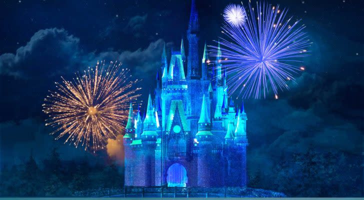 Disney (DIS stock): An illustration of the magical kingdom castle at night with fireworks behind it