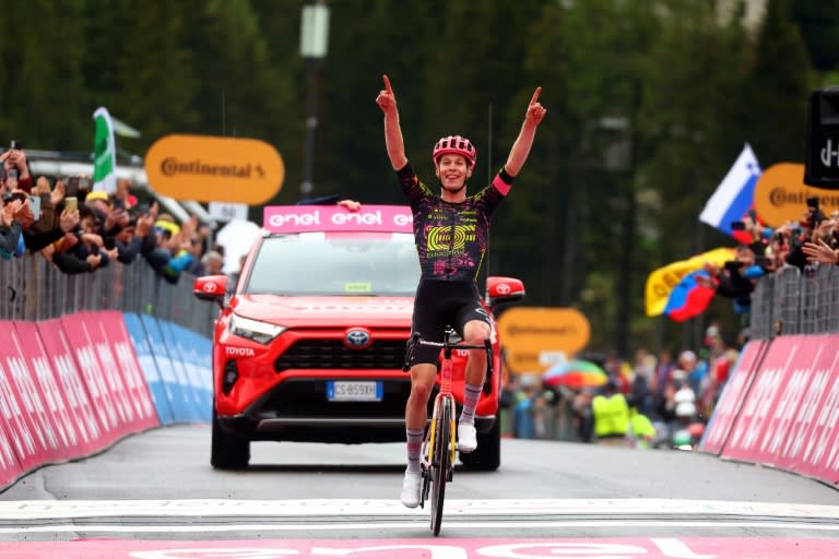 Georg Steinhauser celebrates after winning his first ever professional race (Luca Bettini)