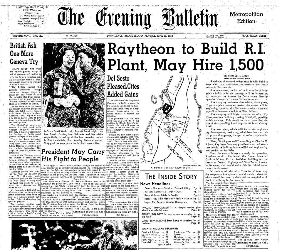 The front page of The Evening Bulletin of Providence on June 15, 1959, when Raytheon announced its plan to build a plant in Portsmouth, Rhode Island.