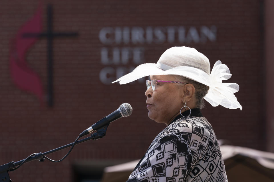 Gloria Brinkley delivers a prayer for education during a National Day of Prayer event hosted by the United Ministerial Alliance, Thursday, May 4, 2023, in Gallatin, Tenn. (AP Photo/George Walker IV)