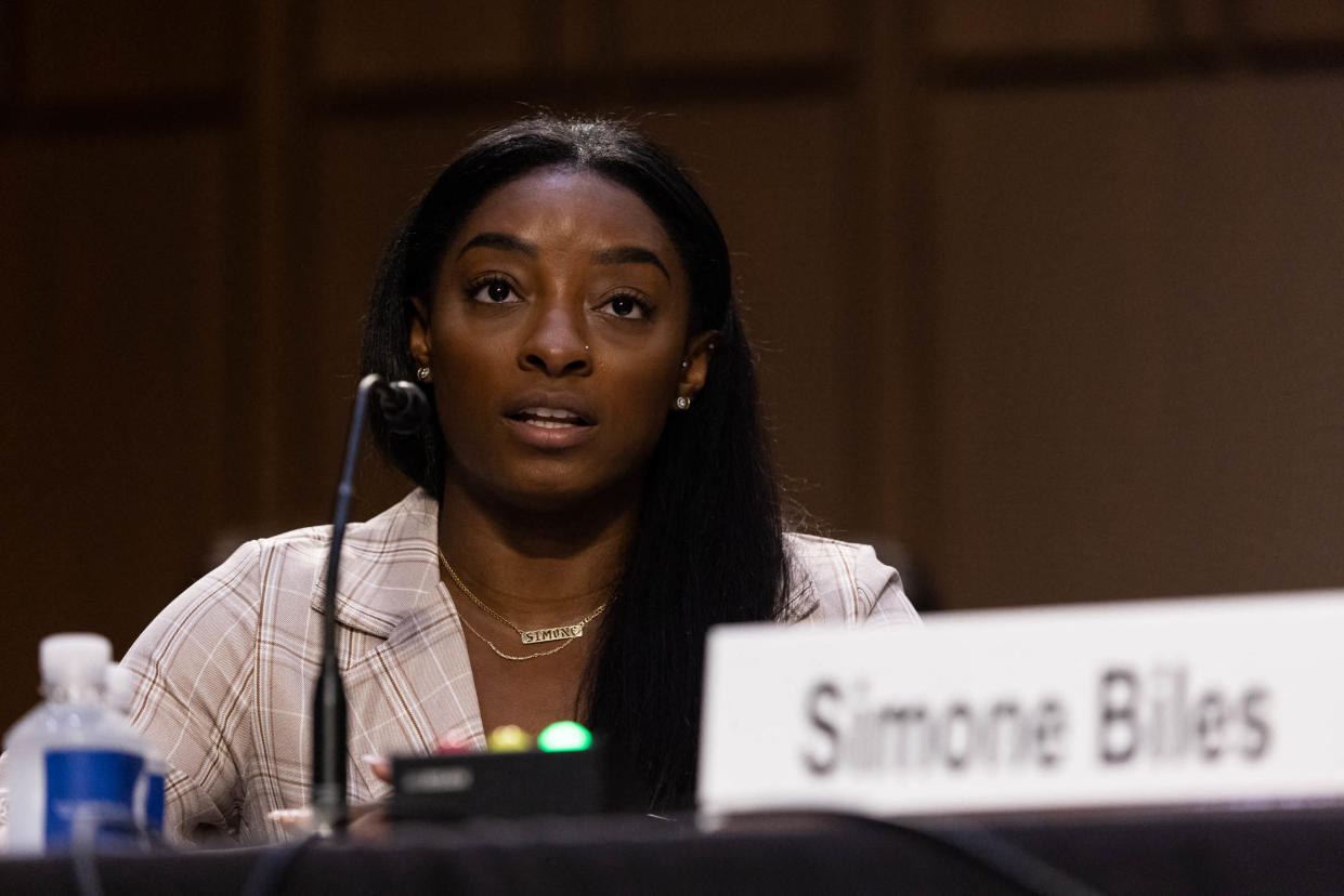 United States Olympic gymnast Simone Biles testifies during a Senate Judiciary hearing about the Inspector General's report on the FBI handling of the Larry Nassar investigation of sexual abuse of Olympic gymnasts, on Capitol Hill, September 15, 2021, in Washington, DC. (Photo by Graeme Jennings / POOL / AFP) (Photo by GRAEME JENNINGS/POOL/AFP via Getty Images)