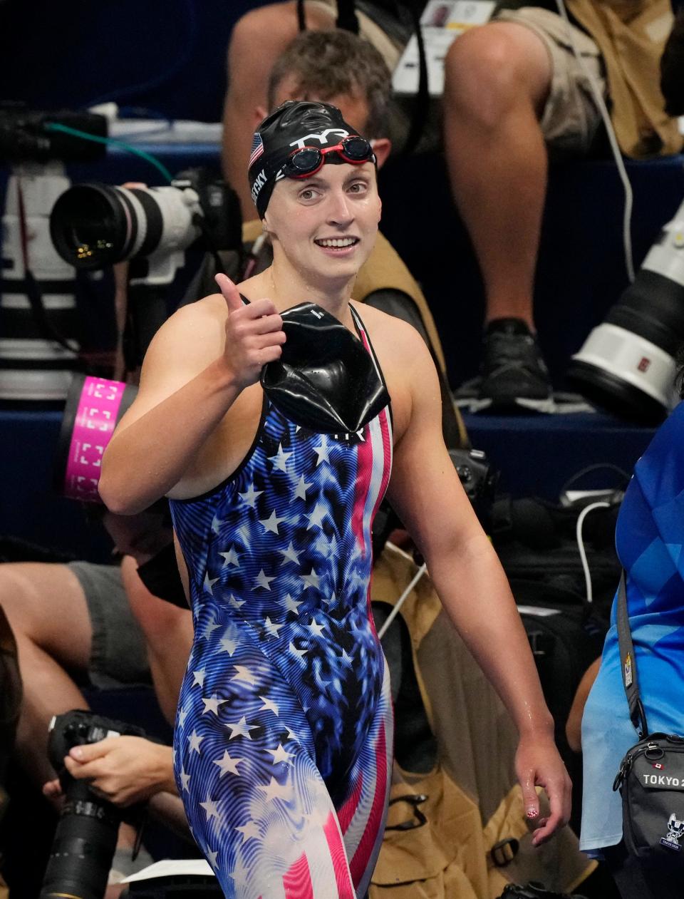 Katie Ledecky reacts after winning the women's 800-meter freestyle at the Tokyo 2020 Olympic Summer Games.