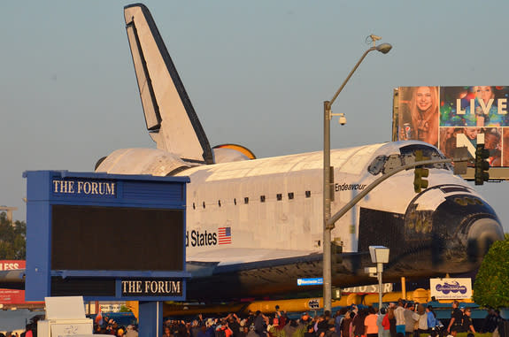 Space shuttle Endeavour as seen as it arrived at The Forum in Inglewood, Calif. on Saturday, Oct. 13, 2012. The Forum hosted a formal sendoff for the shuttle on its final journey to the California Science Center for display.