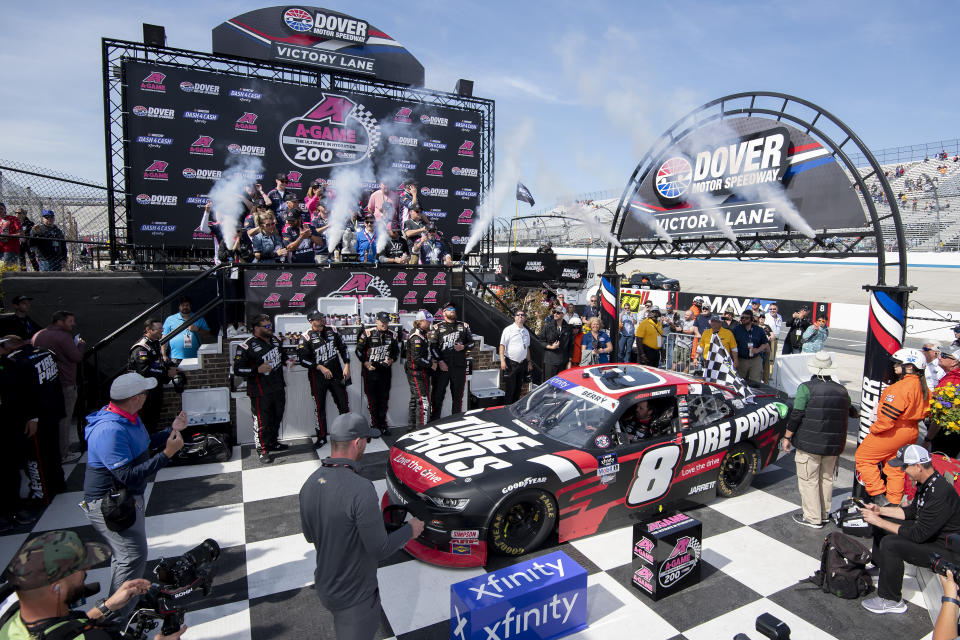 Josh Berry (8) pulls into Victory Lane after winning the NASCAR Xfinity Series auto race at Dover International Speedway, Saturday, April 30, 2022, in Dover, Del. (AP Photo/Jason Minto)