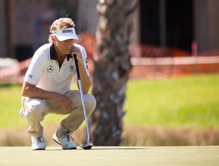 Bernhard Langer sets up a putt during the Chubb Classic&#39;s final round on Sunday, Feb. 20, 2022 at the Tibur&#xf3;n Golf Club in Naples, Fla. 