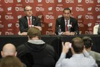 Wisconsin athletic director Chris McIntosh introduces new head football coach Luke Fickell at a news conference Monday, Nov. 28, 2022, in Madison, Wis. (AP Photo/Morry Gash)