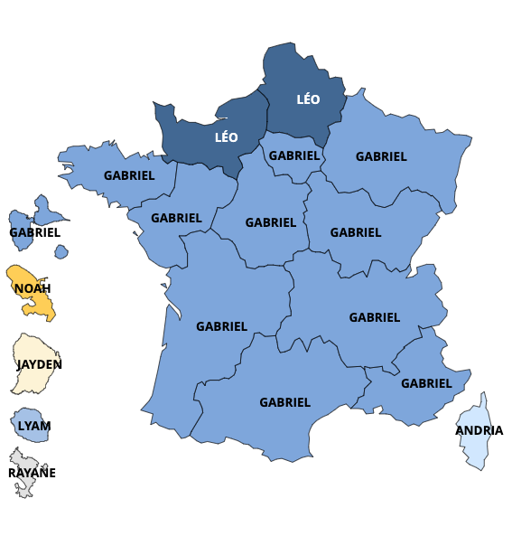 Top 10 des prénoms de garçon les plus donnés en France par région en 2022. 