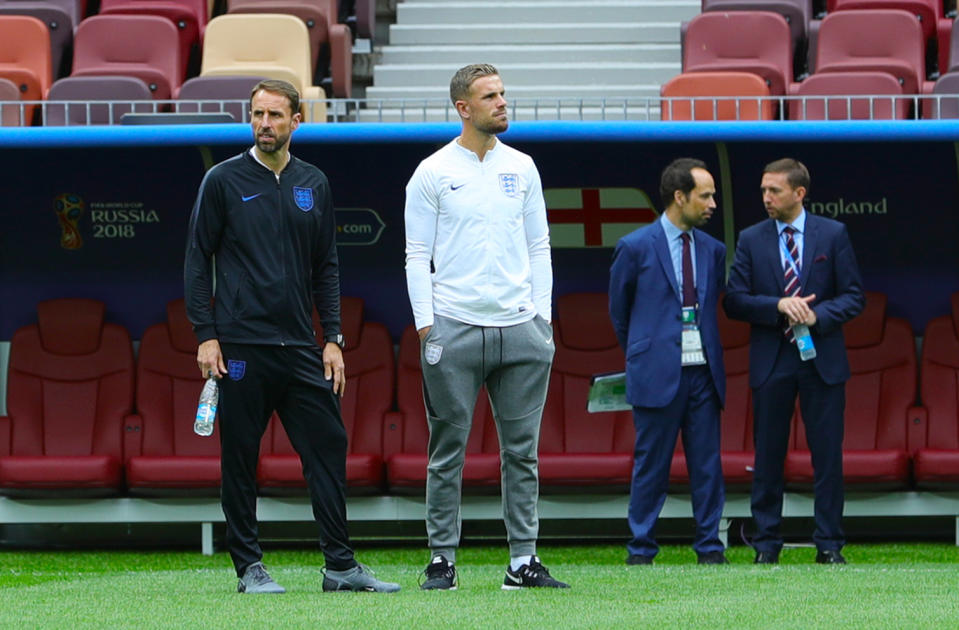 Gareth Southgate and Jordan Henderson take in the surroundings of the Luzhniki Stadium in Moscow ahead of the semi final. (Getty)